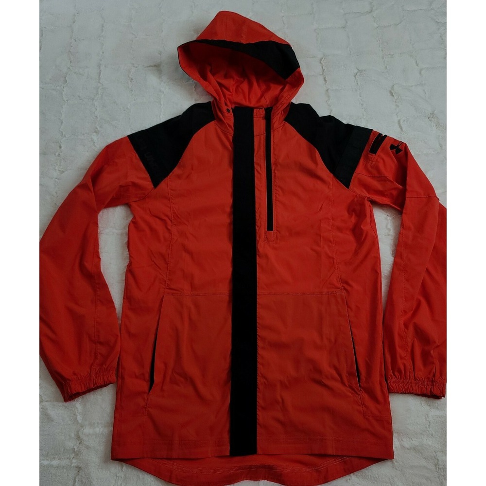 Under Armour Men's Small Pursuit Windbreaker Safety Orange & Black Loose Fit EUC